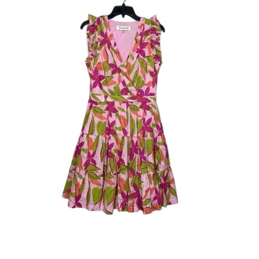 Taylor Lawn Mini Dress Women Sz 8 Pink Floral Tiered‎ Flutter Sleeve Pockets